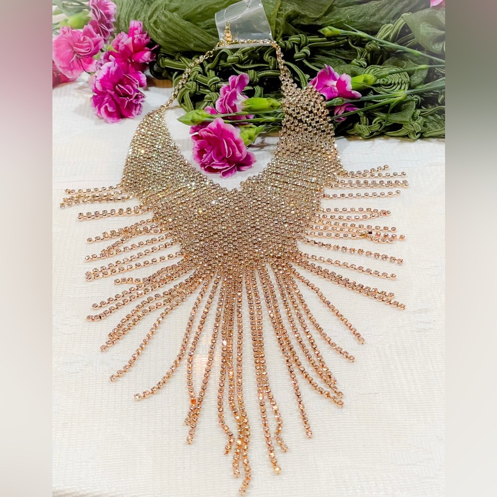 ZARA Long Rhinestone Gold-Tone Strand Necklace Stamped 25”